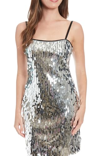 LONDON TIMES WOMEN’S DRESSES WOMEN’S SEQUIN MINI COCKTAIL DRESS WITH ADJUSTABLE STRAPS – STRAIGHT SILHOUETTE WITH CONTRAST TRIM – PARTY READY DRESS, WHITE/SILVER, 14
