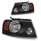 Headlight Assembly Kit, Headlamps Replacement for 2004 2005 2006 2007 2008 Ford F150 Pickup Passenger and Driver Side, Black Housing Amber Reflector
