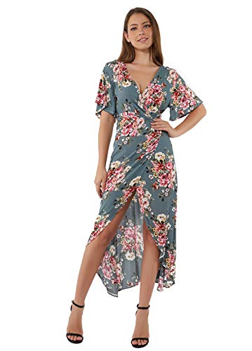 Bocianelli Wrap Maxi Dress Short Sleeve V Neck Floral Flowy Front Slit High Low Women Summer Beach Party Wedding Dress (Green,X-Larage)