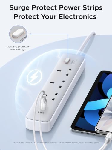 UGREEN GaN 6-in-1 Surge Protector Power Strip with PD30W USB-C (2A1C), Overload/Short-Circuit/Overheat Protection Extension Cord with 3 AC Outlet, UK Plugs with 2M Lead for Home Office Travel, etc