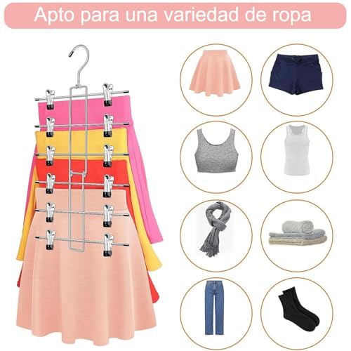 MCNVNZ Perchas para Falda con Pinzas, Paquete de 4 Ganchos Perchas para Pantalones Faldas Ropa, con Clip Antideslizantes Ahorra Espacio, Acero Inoxidable Color Plata, para Jeans,Faldas y Ropa Interior
