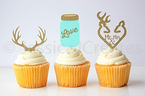 Mason Jar Cupcake Toppers, Antler Cupcake Toppers, Rustic Party Decorations, Deer Cupcake Toppers, Gold Party Decor, Qty 12