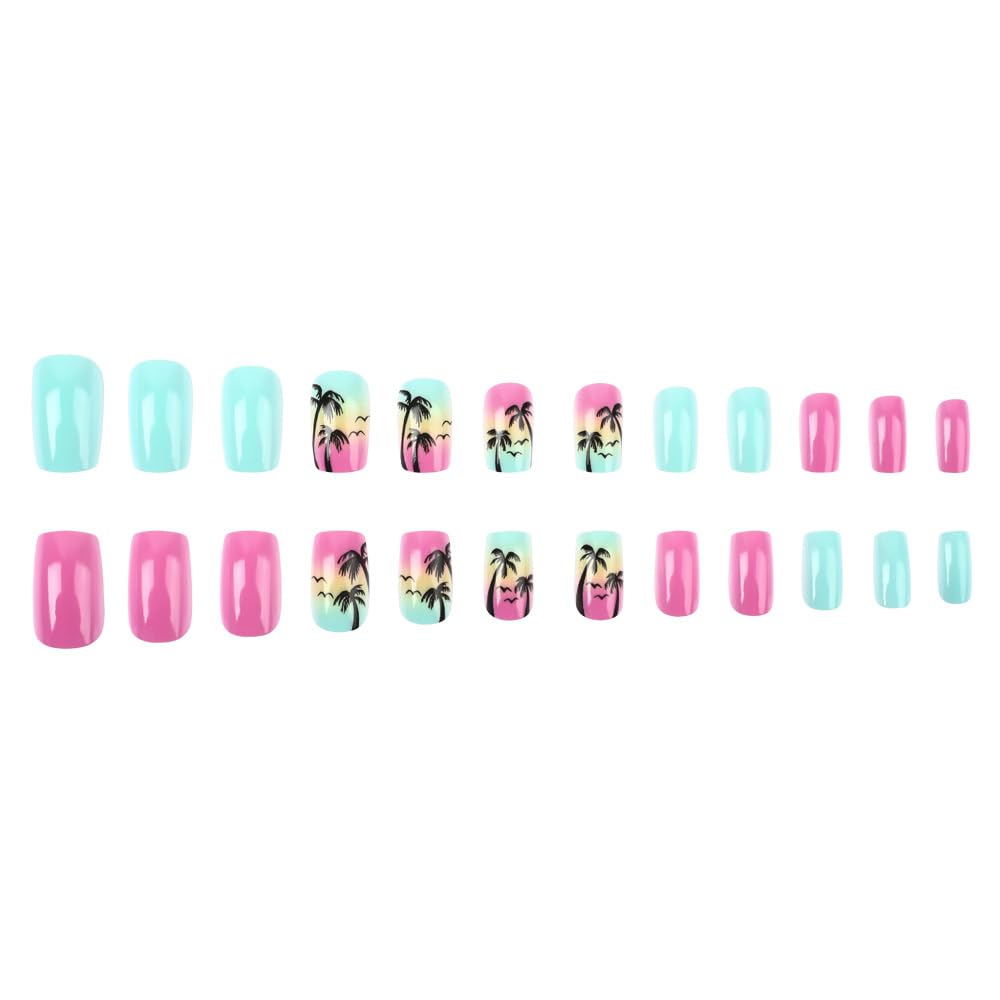 Short Press on Nails Summer Palm Tree Fake Nails Square Acrylic Nails Press ons Glossy Blue Pink Glue on Nails with Twilight Beach Designs Stick on Nails Summer False Nails for Women Girls 24Pcs - Image 3