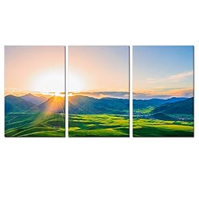 3 Panel Canvas Wall Art Sunrise Green Forest Canvas Prints Painting Wall Decor for Living Room Wooden Framed Home Decorations - 16"x24" x 3 Panels