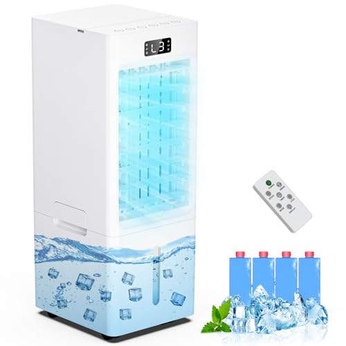 Portable Air Conditioner, 6000ML Water Tank, Air Conditioner Cooling Fan Humidifier 3-in-1, 3 Speeds & 4 Modes, 12H Timer, 4 Ice Packs, Remote Control, Evaporative Air Cooler