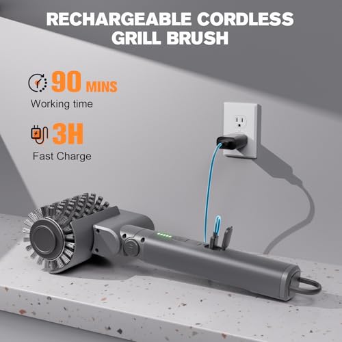 Electric Grill Brush, Cordless Rechargeable Electric Grill Cleaner with 2 Heads, 3 Speeds, Angle Adjustable, 150-Min Runtime BBQ Brush for Outdoor Barbecue Grates