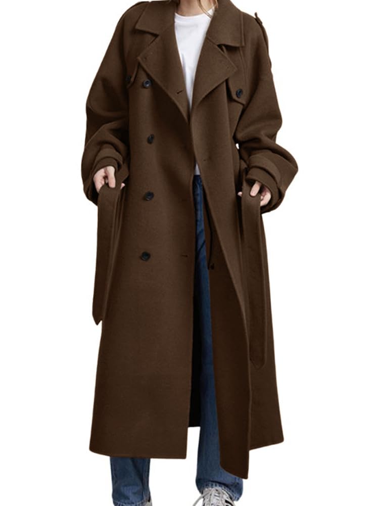Photo 1 of chouyatou Women's Winter Double Breasted Wool Coat Long Sleeve Notch Lapel Midi Long Winter Trench Coat with Belt (Large, Brown)