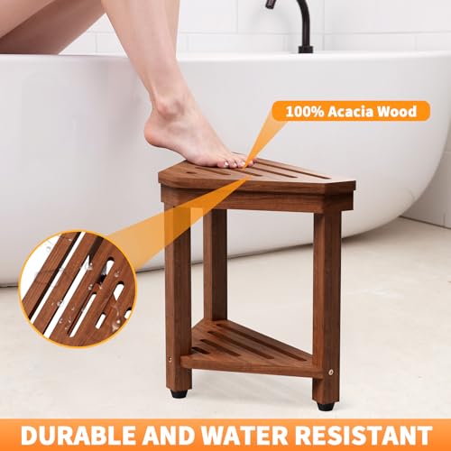 MISSEND Shower Foot Rest 15 in, Acacia Shower Stool for Shaving Legs,Corner Bath Shower Bench with Starage Shelf for Inside Small Shower Spaces
