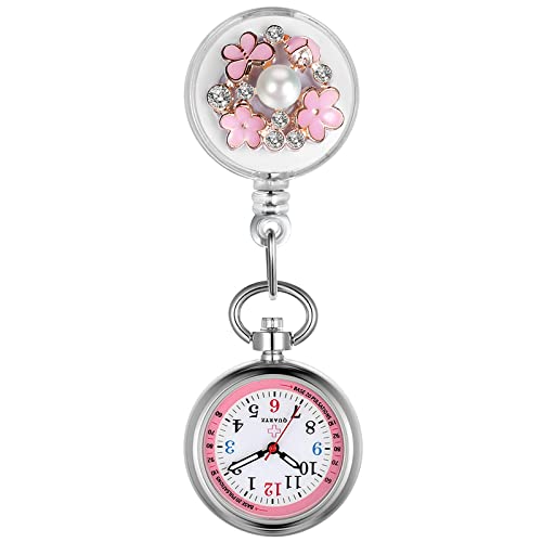 Lancardo Retractable Nurse Watch Clip On Pearl Flower Patterns Badge with Secondhand Stethoscope Lapel Fob Pocket Watch Doctor Nurse Watch for Women and Men