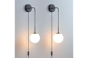 KUZZULL Wall Sconces Set of Two Plug in Wall Sconces Matte Black Wall Lamp with Plug in Cord and On/Off Switch Hanging Indoor Wall Mounted Lights with Globe Glass Shade Plug in Sconces Wall Decor Set of 2