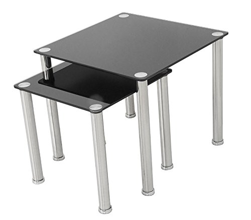 MAHARA Chrome and Black Glass Nest of Tables - Nesting Tables 50cm x 45cm x 45cm and 39cm x 30cm x 30cm - Safety Glass Coffee Tables 10kg Max - Nest of Tables Living Room Furniture/Office Furniture
