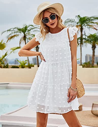 LOMON Women’s Summer Ruffle Sleeve Tiered Babydoll Flowy Swing Mini Dress Boho Flowy Pleated Dress White Dots M