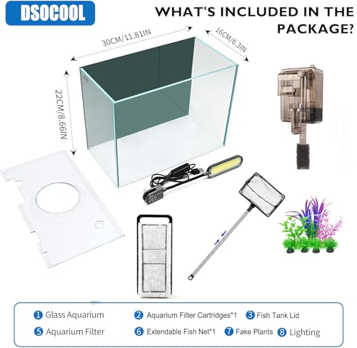 2.5 Gallon Nano Nature Aquarium Kit, Ultra-Clear Rimless Desktop Fish Tank with Light, Filter and Self Cleaning System, Perfect for Small Fish, Shrimp, or Betta (Ultra-Clear Rimless Fish Tank Kit)