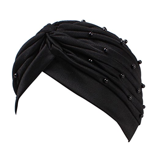Muslim Hat, ღ Ninasill ღ Exclusive Ruffle Hat Pearl Beanie Scarf Turban Wrap Cap (Black)