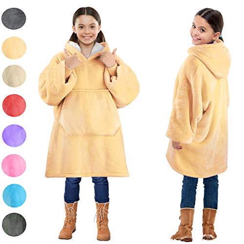 Blanket Sweatshirt, Super Soft Warm Cozy Wearable Sherpa Hoodie for Teens, Boys, Girls, Youth, Kids (7-15yr), Oversize, Reversible, Hood & Large Pocket, One Size, Camel - Thumbnail 7