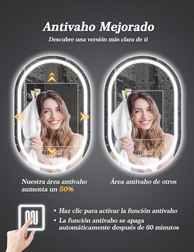 SAGIWO Espejo de Baño LED 50 * 70 cm, Espejo Inteligente Antivaho Ovalado, con Luz Ajustable en 3 Colores, Función de Hora, Instalación Vertical/Horizontal