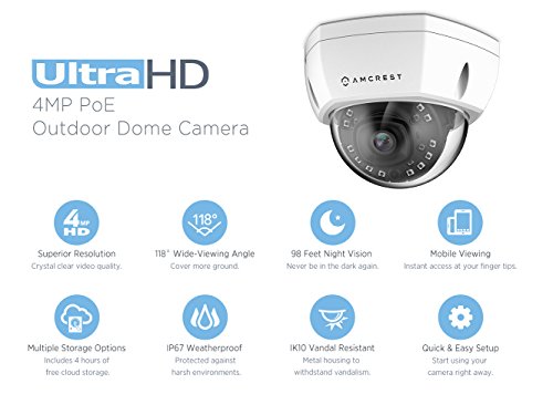 Amcrest UltraHD Outdoor 4-Megapixel PoE Vandal Dome IP Security Camera - MicroSD Storage, IP67 Weatherproof, IK10 Vandal-Proof, 4MP (2688 TVL), IP4M-1028E (White)