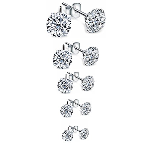 Zealmer Silver Stud Earrings Set Clear Rhinestone Cubic Zirconia CZ 5 Pairs with Gift Box for Valentine's Day