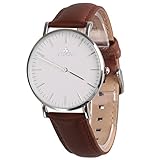 Aurora Men's Casual Business Analog Quartz Waterproof Wrist Watch with Light Brown Leather Band-Silver
