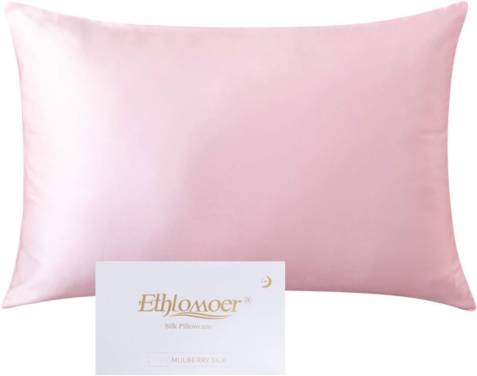 Ethlomoer 100% Natural Pure Silk Pillow Case for Hair and Skin 19 Momme Both Sides 600 Thread Count Design with Hidden Zipper 1 Piece 50x75cm Pink