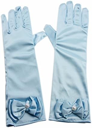 Greenmoe Girls Long Satin Finger Bowknot Formal Pageant Kids Gloves Light Blue