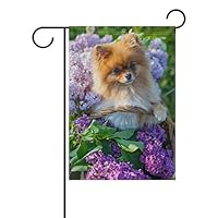 Chen Miranda Pomeranian Puppy Basket Flowers Double-Sided Polyester Garden Home Flag Banner for Party Home Outdoor Decor 12x18 inch