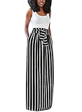 HOTAPEI Women's Full Length Elastic Waisted Maxi Skirt Vertical Striped Long Skirts With Pocket