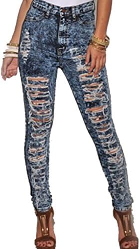 Women's Fashion Dark Blue Skinny Cotton Destroyed Ripped Boyfriend Denim Jeans 40