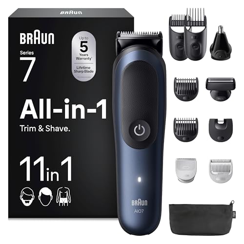 Braun All-in-One Trimmer-Set 7, 11-in-1 Multigroom, Barttrimmer, Nasenhaartrimmer, Haarschneidemaschine für Gesicht, Kopf und Körper, 120 Min Akku, 14 Längen (0.1–21 mm), Wasserdicht, AIO7540, Blau