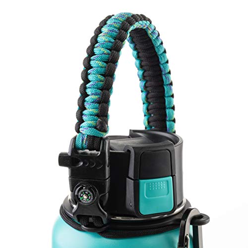 WaterFit Best Paracord Handle - Paracord Carrier Survival Strap Cord with Safety Ring and Carabiner for Hydro Flask Wide Mouth Water Bottles 12oz - 64 oz (LightMint/Compass)
