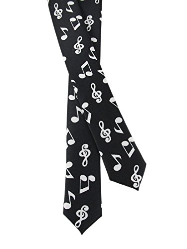 Black with White Music Notes Skinny Satin Neck Tie