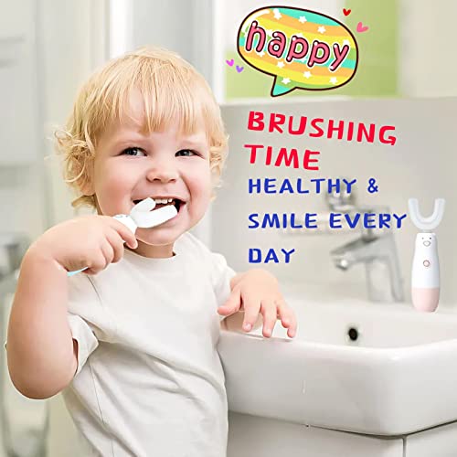 Excefore Kids Electric Toothbrush, 6 Cleaning Models U Shaped Toothbrush Waterproof Battery Powered 360 Automatic Toddler Toothbrushes for 2-7 Years Old for Boys Girls(Pink)
