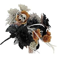 Haunted Hill Farm 15-in. Faux Floral Bouquet with Black, Grey, Gold Flowers and Creepy Skull Accent | Indoor/Covered Outdoor Halloween Props Decoration | HHBOQSKL-2 Haunted Hill Farm 15-in. Faux Floral Bouquet with Black, Grey, Gold Flowers and Creepy Skull Accent | Indoor/Covered Outdoor Halloween Props Decoration | HHBOQSKL-2