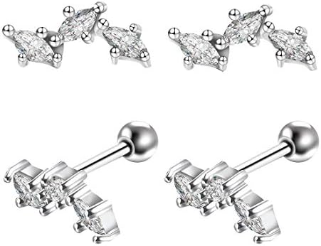 Cartilage Stud Earrings Surgical Steel - 2 Pcs Silver Tree/Crown Helix Piercing Jewelry with AAA Cubic Zirconia Diamond for Women, 16G/20G