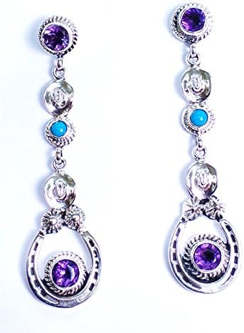 Horseshoe Cowboy Hat Dangle Earrings.925 Sterling Silver Native American Handmade Amethyst Sleeping Beauty Turquoise (Purple)