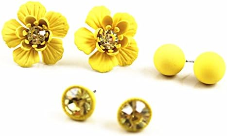 [Little B House] Yellow Color 3 Pairs Flower Alloy Earrings 2.1cm - ER217 Yellow