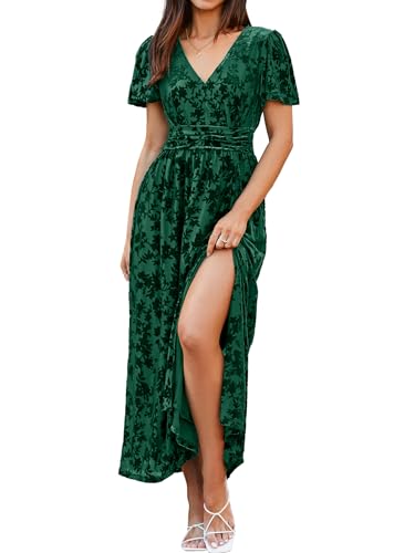 Simplee Women's Floral Velvet Maxi Dress V Neck Short Sleeve Elegant Long Formal Wedding Guest Dresses (Green XL) at Amazon