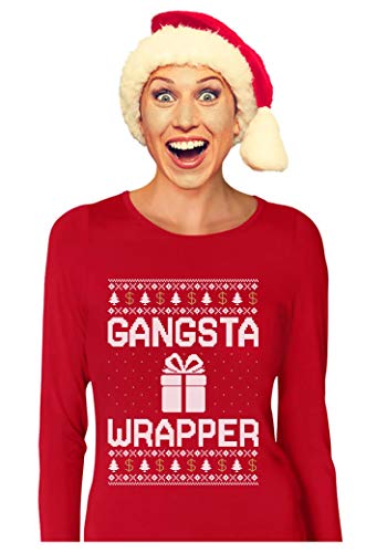 Tstars - Gangsta Wrapper Funny Ugly Christmas Sweater Women Long Sleeve T-Shirt Medium Red