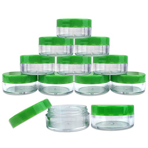 (Quantity: 20 Pieces) Beauticom 10G/10ML Round Clear Jars with GREEN Lids for Scrubs, Oils, Salves, Creams, Lotions, Liquid, Powder, Glitter, Sample Products - BPA Free