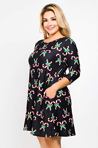 ICONOFLASH Plus Size Christmas Dresses with Pockets for Women 3/4 Sleeves Swing Holiday Party Dress Up Color Candy Cane Pattern, Size 3XLarge - Thumbnail 5