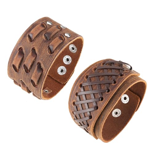 HZMAN 2Pcs Genuine Leather Bracelets for Men Punk Wide Leather Cuff Bracelet Adjustable Handmade Brown Wristband Bracelet Jewelry Gift, PSZ24-0222-02B