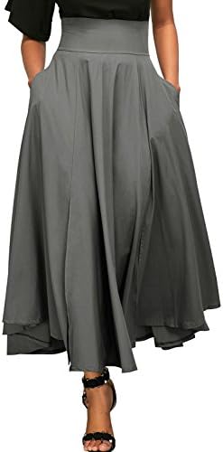 Cyerlia Womens Retro High Waist Pleated Belted Grey Maxi Skirt with Pockets