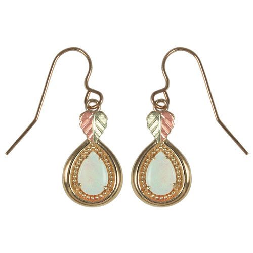 Opal Cabochon Pear Teardrop Earrings, 10k Yellow Gold, 12k Rose and Green Gold Black Hills Gold Motif.