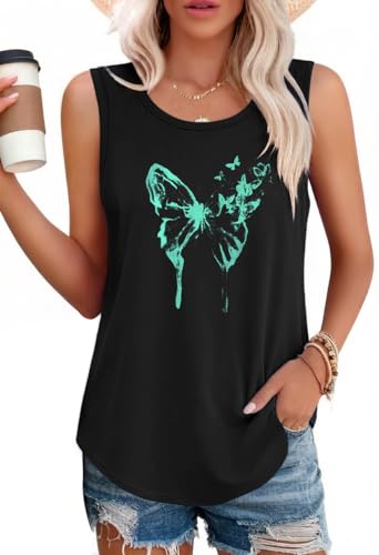 elescat Womens Tank Tops Summer Sleeveless Top, Black Green Butterfly, 3XL at Amazon