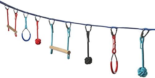 Ivation Portable 50 Foot Slackline Monkey Bar Kit - Kids Swinging Obstacle Course Set - Bars, Fists, Gymnastics Rings - 250lb Capacity - Storage Bag & Tree Protectors Included (Renewed)