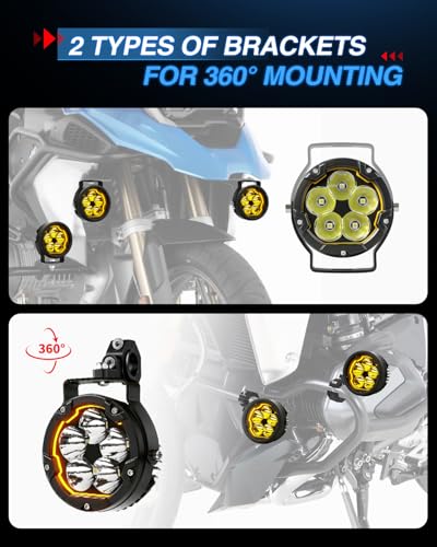 BraveWAY Additional Motorcycle Headlights 3.7 Inch 70W 16000LM DRL Amber Strobe Function Beam Combo Yellow/Black Covers U-Brackets and Tubular Cable Harness