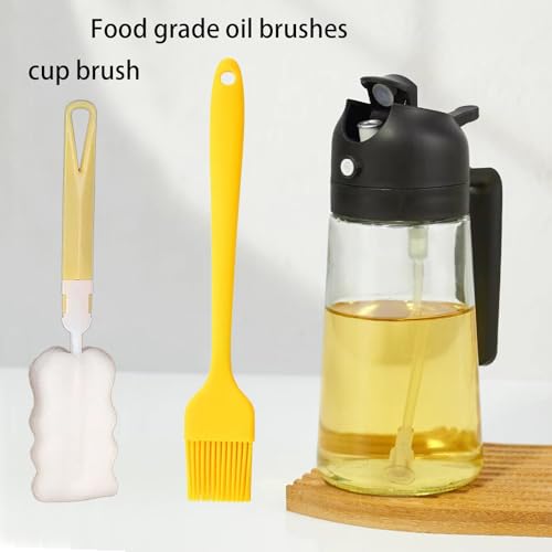 Oil Spray Bottle Kitchen, Oil Sprayer for Air Fryer, Olive Dispenser with 2 Cleaning Brush, 2 in 1 Premium Glass Canola Oil Mister Bottles for Salad, BBQ, Cooking Appliances, (16oz/470ml) (Black)