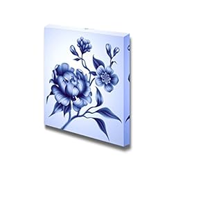 Canvas Prints Wall Art - Blue Branch with Peony Rose and Sakura Flowers | Modern Wall Decor/Home Art Gallery Wraps Giclee Print & Wood Framed. Ready to Hang - 12" x 12"