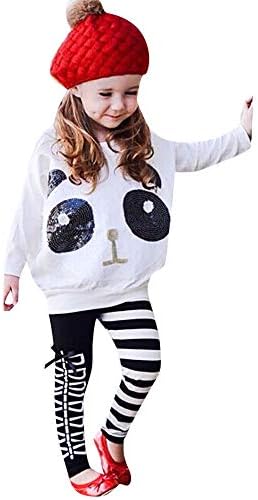 VEKDONE Toddler Kids Girls Panda Sequins Tops T-shirt+Striped Bow Pants Clothes Set