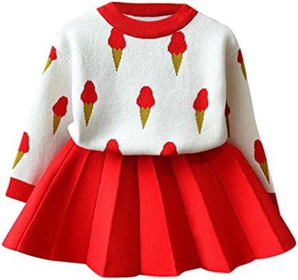 Tomppy Infant Baby Girls Skirt Set Long Sleeve Ice Cream Print Knit Sweater Tops + Pleated Skirt Toddler Kids Clothes Outfits